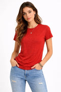 Flam Kumaş Melanj Dokulu Regular Fit Tişört Bisiklet Yaka Yazlık T-Shirt - Kiremit (187677)