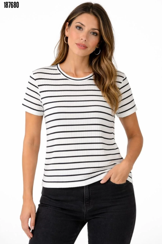 Çizgili Yazlık Triko TShirt Bisiklet Yaka Rahat Kalıp Tişört Beyaz