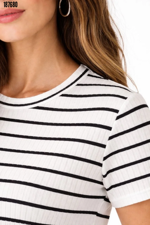Çizgili Yazlık Triko TShirt Bisiklet Yaka Rahat Kalıp Tişört Beyaz