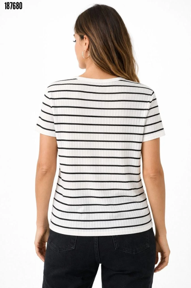 Çizgili Yazlık Triko TShirt Bisiklet Yaka Rahat Kalıp Tişört Beyaz