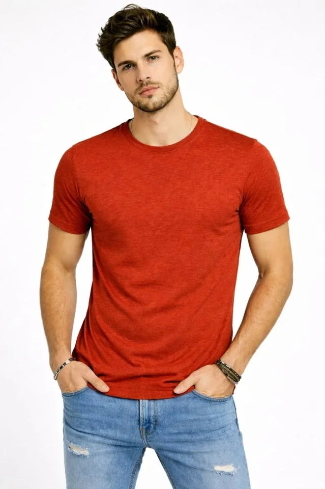 Erkek Flam Kumaş Melanj Dokulu Regular Fit Tişört Bisiklet Yaka Yazlık T-Shirt - Kiremit (187681)