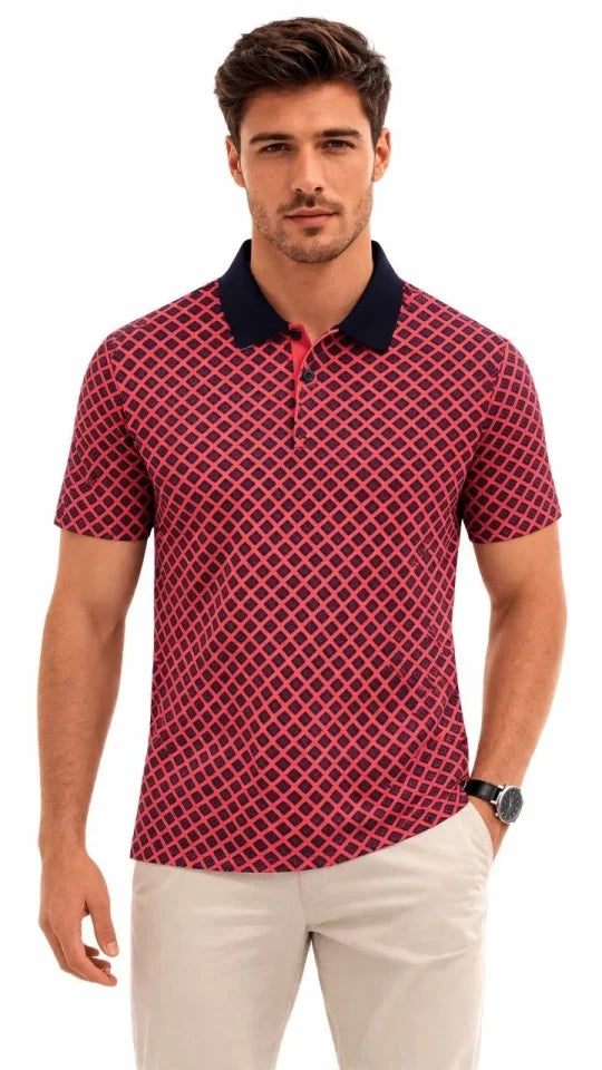 Erkek Pike Kumaş Polo Yaka Desenli Tişört Kısa Kol Yazlık T-Shirt - Kırmızı (187684)
