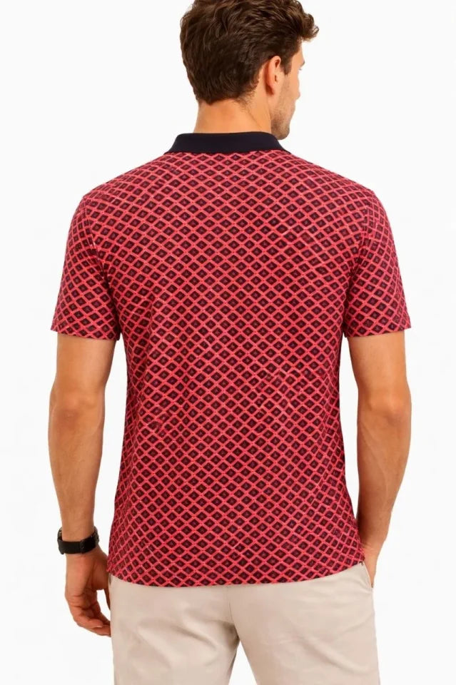 Erkek Pike Kumaş Polo Yaka Desenli Tişört Kısa Kol Yazlık T-Shirt - Kırmızı (187684)