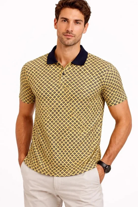 Erkek Pike Kumaş Polo Yaka Desenli Tişört Kısa Kol Yazlık T-Shirt - Sarı (187685)