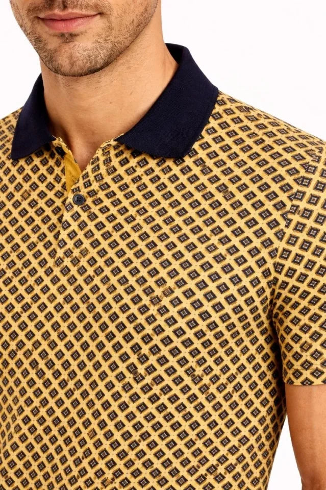 Erkek Pike Kumaş Polo Yaka Desenli Tişört Kısa Kol Yazlık T-Shirt - Sarı (187685)