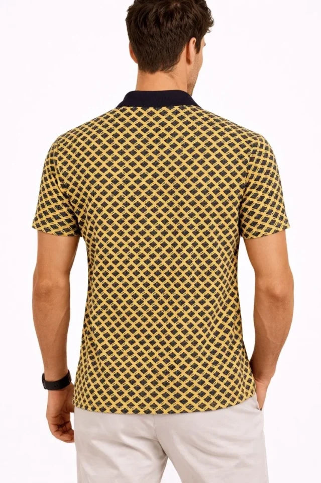 Erkek Pike Kumaş Polo Yaka Desenli Tişört Kısa Kol Yazlık T-Shirt - Sarı (187685)