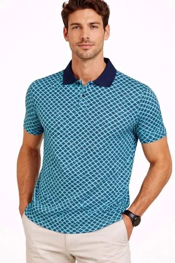 Erkek Pike Kumaş Polo Yaka Desenli Tişört Kısa Kol Yazlık T-Shirt - Turkuaz (187686)