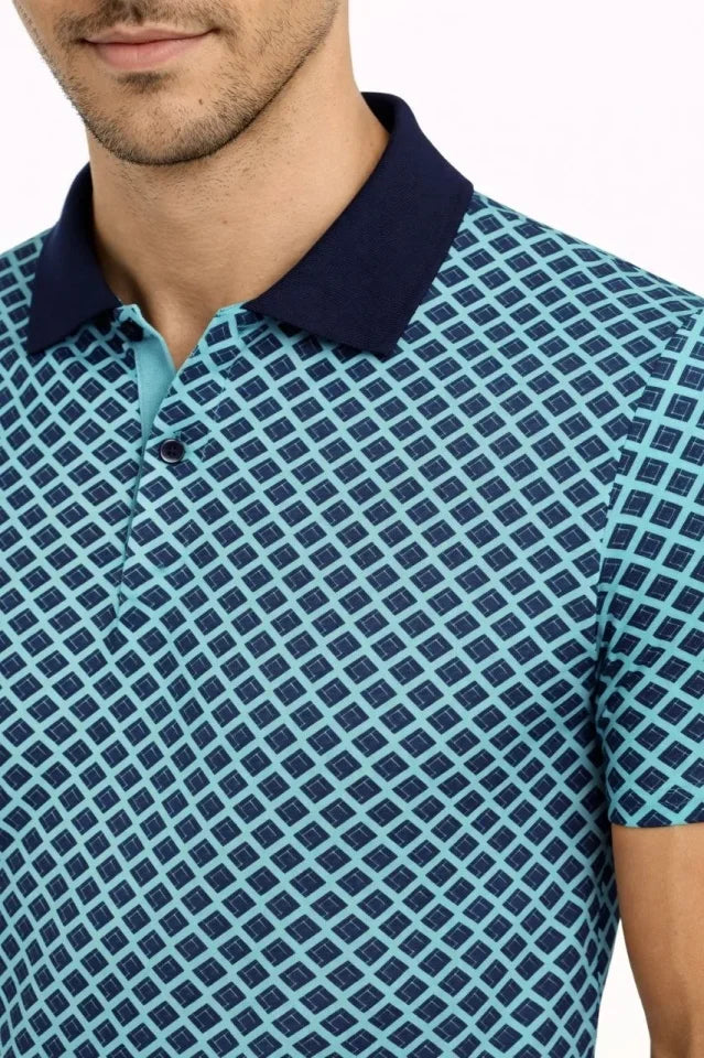 Erkek Pike Kumaş Polo Yaka Desenli Tişört Kısa Kol Yazlık T-Shirt - Turkuaz (187686)