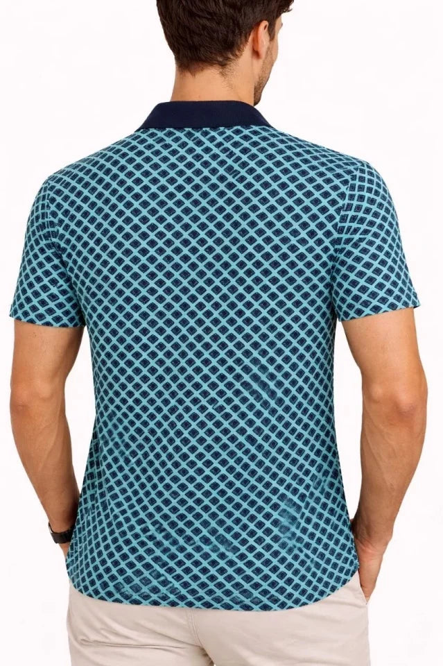 Erkek Pike Kumaş Polo Yaka Desenli Tişört Kısa Kol Yazlık T-Shirt - Turkuaz (187686)