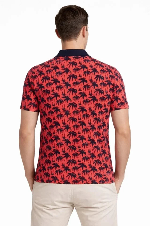 Erkek Pike Kumaş Polo Yaka Palmiye Desenli Tişört Kısa Kol Yazlık T-Shirt - Kırmızı (187687)