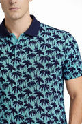 Erkek Pike Kumaş Polo Yaka Palmiye Desenli Tişört Kısa Kol Yazlık T-Shirt - Turkuaz (187688)