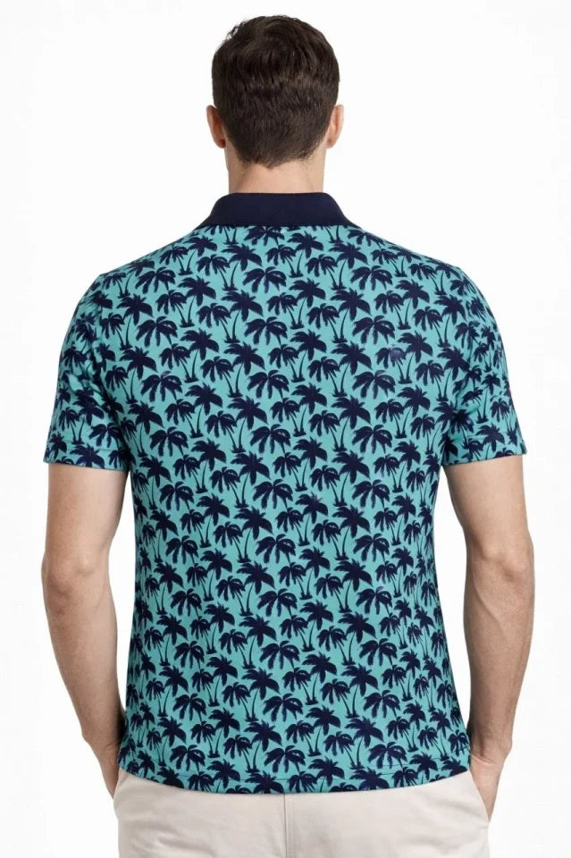 Erkek Pike Kumaş Polo Yaka Palmiye Desenli Tişört Kısa Kol Yazlık T-Shirt - Turkuaz (187688)