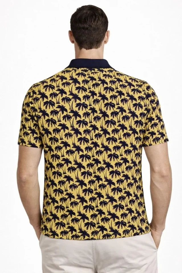 Erkek Pike Kumaş Polo Yaka Palmiye Desenli Tişört Kısa Kol Yazlık T-Shirt - Sarı (187689)