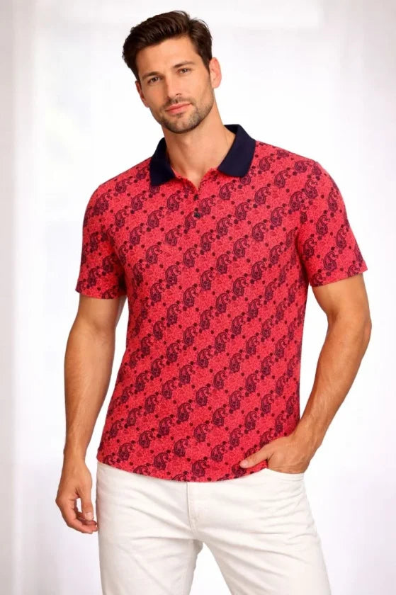 Erkek Pike Kumaş Polo Yaka Palmiye Desenli Tişört Kısa Kol Yazlık T-Shirt - Kırmızı (187690)