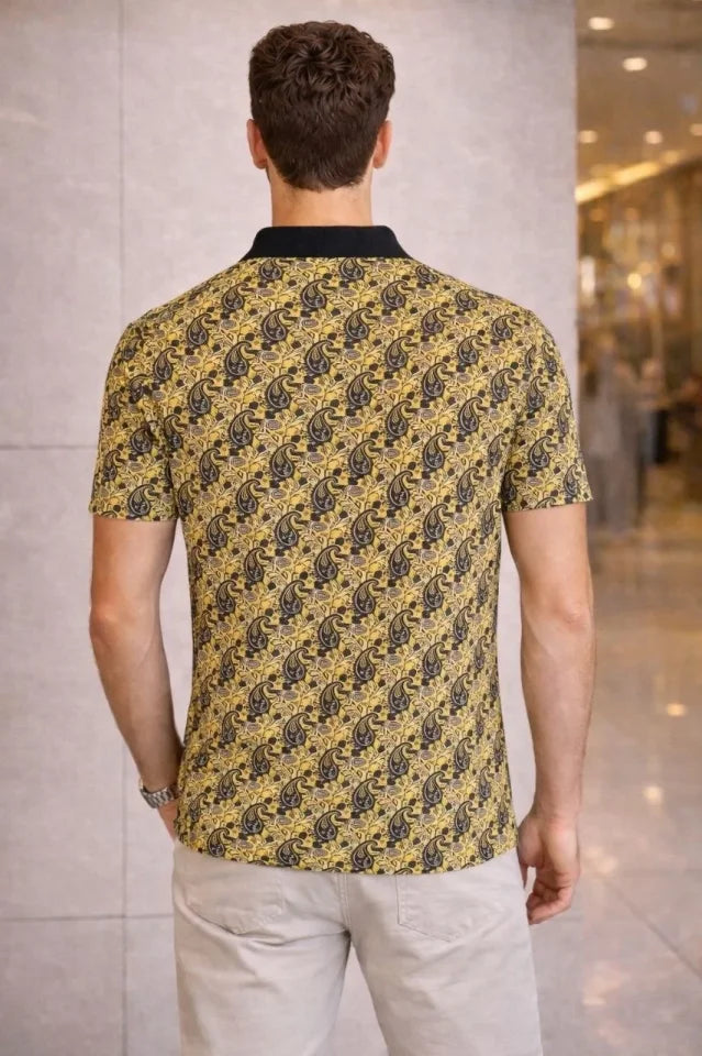 Erkek Pike Kumaş Polo Yaka Palmiye Desenli Tişört Kısa Kol Yazlık T-Shirt - Sarı (187691)