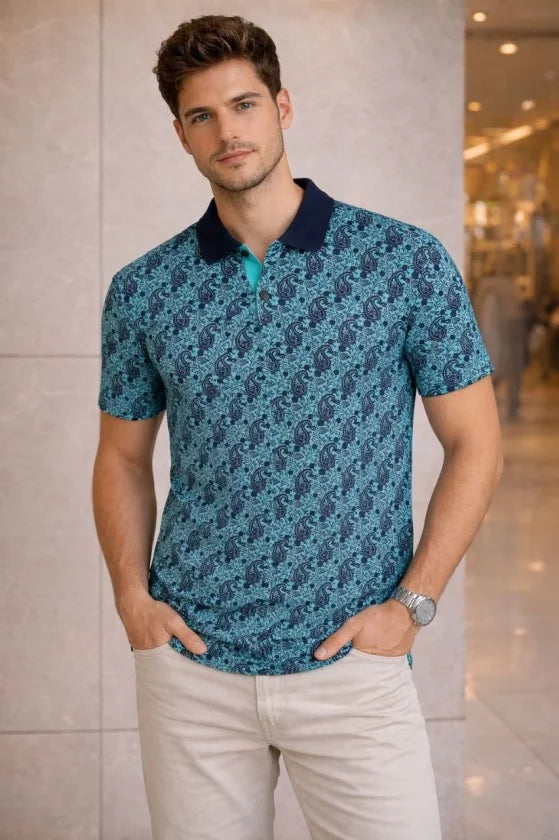Erkek Pike Kumaş Polo Yaka Palmiye Desenli Tişört Kısa Kol Yazlık T-Shirt - Turkuaz (187692)