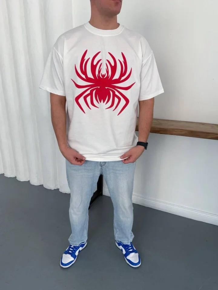 Erkek Örümcek Baskılı Tişört Kısa Kollu Bisiklet Yaka T-Shirt - Beyaz (188103)