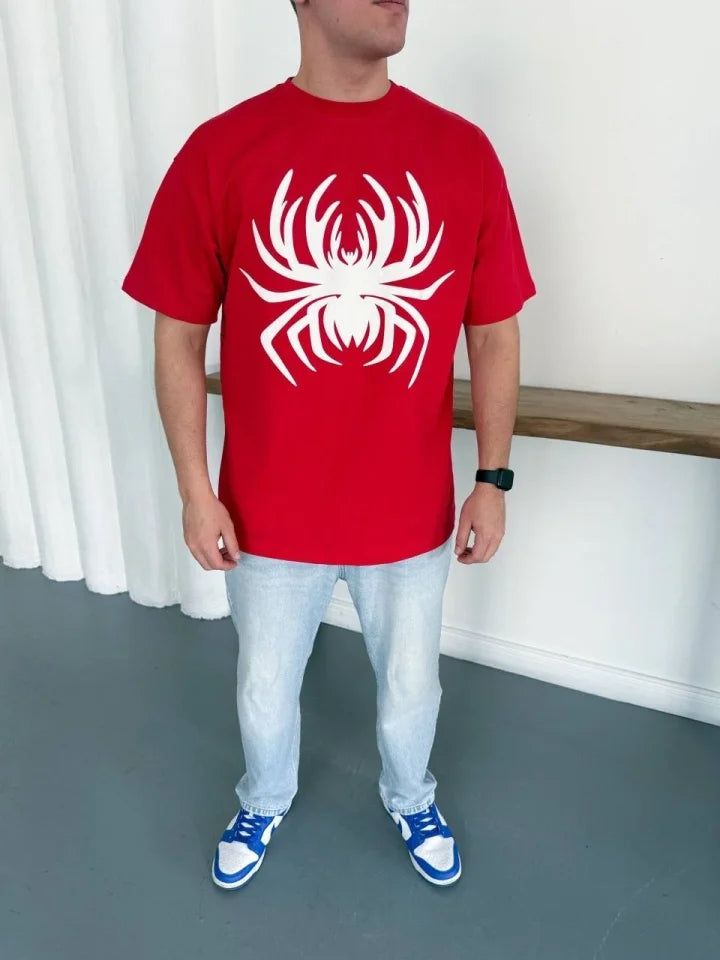 Erkek Örümcek Baskılı Tişört Kısa Kollu Bisiklet Yaka T-Shirt - Kırmızı (188105)