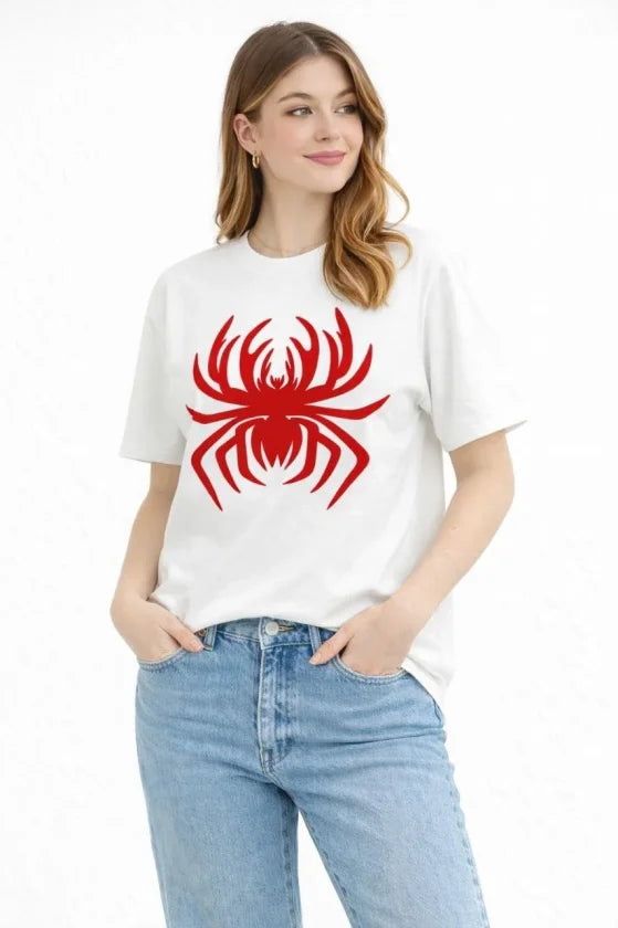 Örümcek Baskılı Tişört Kısa Kollu Bisiklet Yaka T-Shirt - Beyaz (188106)