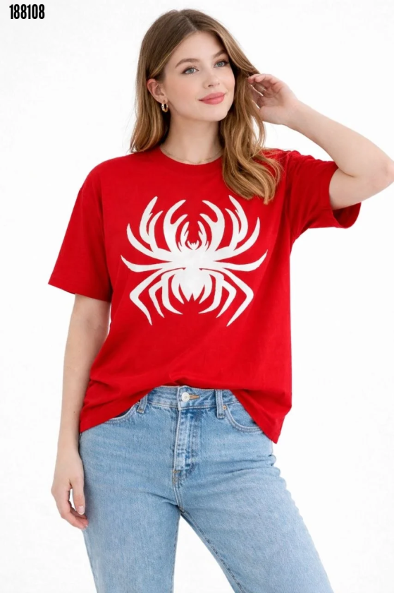 Örümcek Baskılı Tişört Kısa Kollu Bisiklet Yaka TShirt Kırmızı