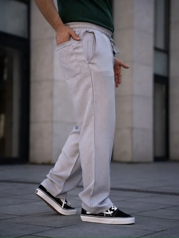 Erkek Keten Cepli Çıma Dikişli Jogger Buggy Pantalon Rahat Kalıp - Gri (188268)