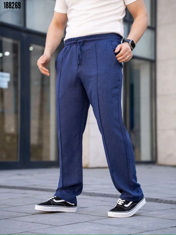 Erkek keten jogger pantolon lacivert - arka