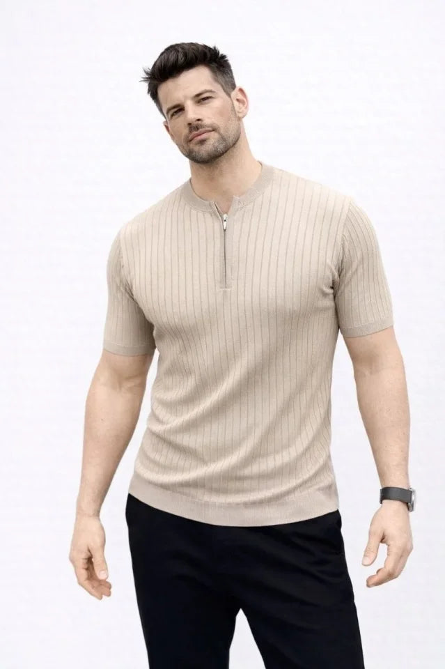 Erkek Kısa Kol Fitilli Triko T-Shirt Yazlık Hakim Yaka Tişört - Bej (188278)