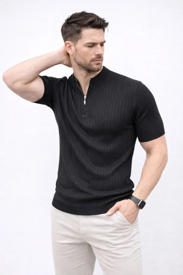 Erkek Kısa Kol Fitilli Triko T-Shirt Yazlık Hakim Yaka Tişört - Siyah (188280)