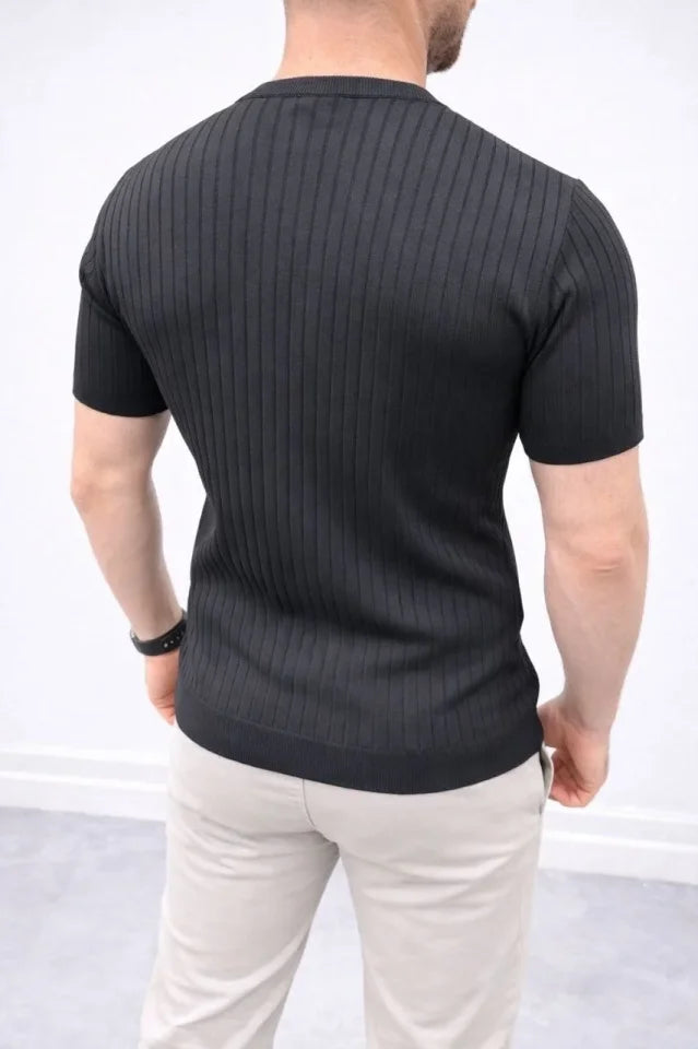 Erkek Kısa Kol Fitilli Triko T-Shirt Yazlık Hakim Yaka Tişört - Siyah (188280)