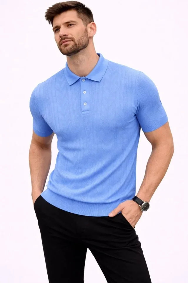 Erkek Yazlık Triko Tişört Kısa Kol Polo Yaka Düğmeli T-Shirt - Bebek Mavisi (188281)