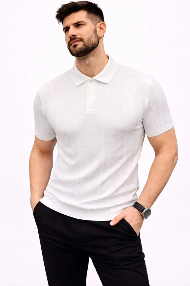 Erkek Yazlık Triko Tişört Kısa Kol Polo Yaka Düğmeli T-Shirt - Beyaz (188282)