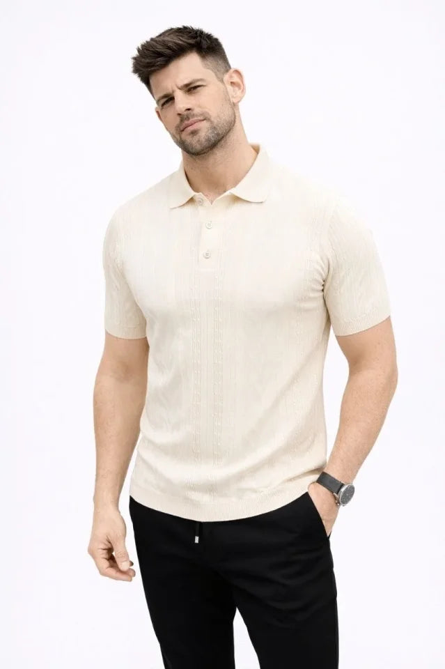 Erkek Yazlık Triko Tişört Kısa Kol Polo Yaka Düğmeli T-Shirt - Krem (188283)