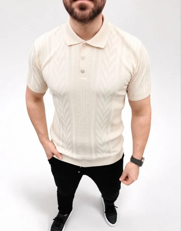 Erkek Yazlık Triko Tişört Kısa Kol Polo Yaka Düğmeli T-Shirt - Krem (188283)