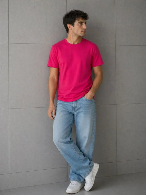 Erkek Basic Pamuklu Tişört Bisiklet Yaka Düz Renk Regular Fit T-Shirt - Fuşya (188398)