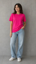 Basic Pamuklu Tişört Bisiklet Yaka Düz Renk Relaxed Fit T-Shirt - Fuşya (188480)