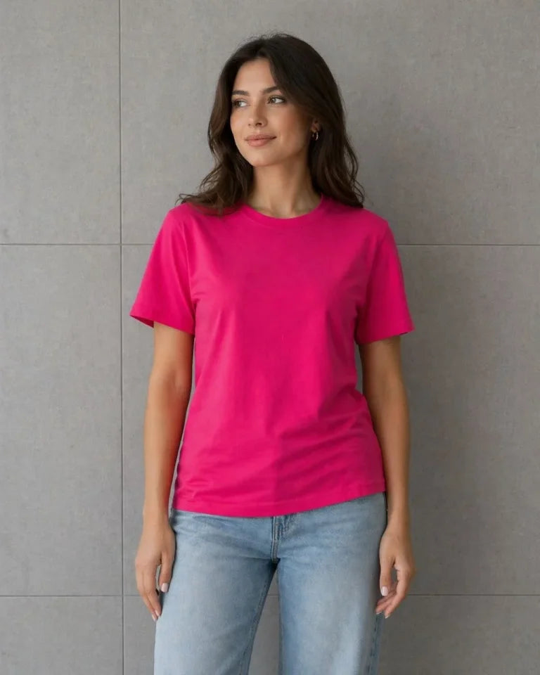 Basic Pamuklu Tişört Bisiklet Yaka Düz Renk Relaxed Fit T-Shirt - Fuşya (188480)