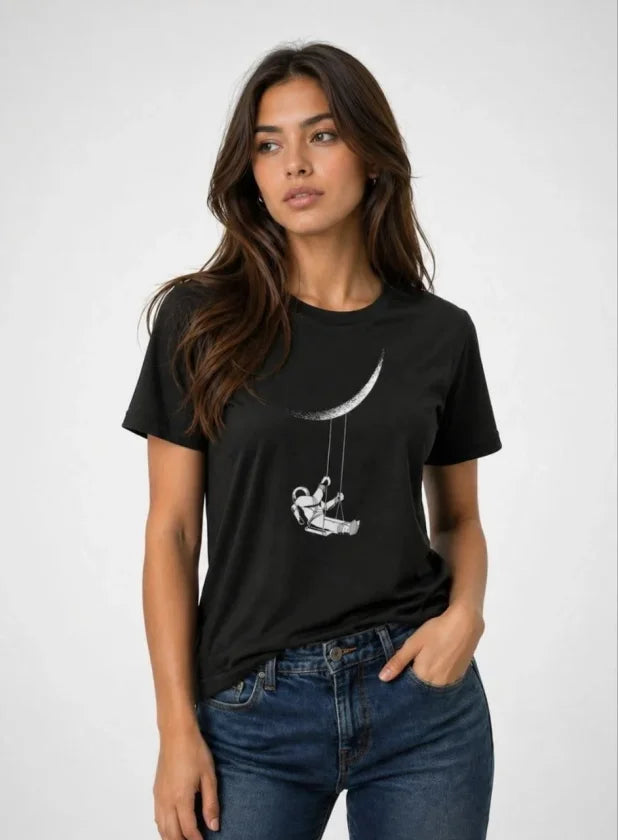 Astronot Ay Temalı Tişört Kısa Kol Yazlık Bisiklet Yaka T-Shirt - Siyah (188620)