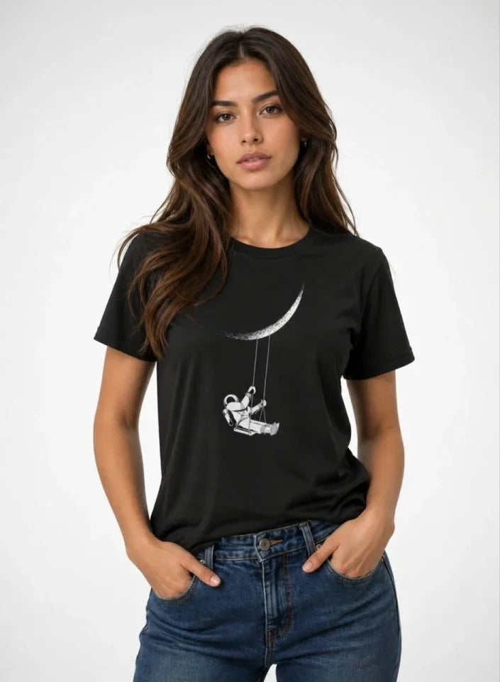 Astronot Ay Temalı Tişört Kısa Kol Yazlık Bisiklet Yaka T-Shirt - Siyah (188620)