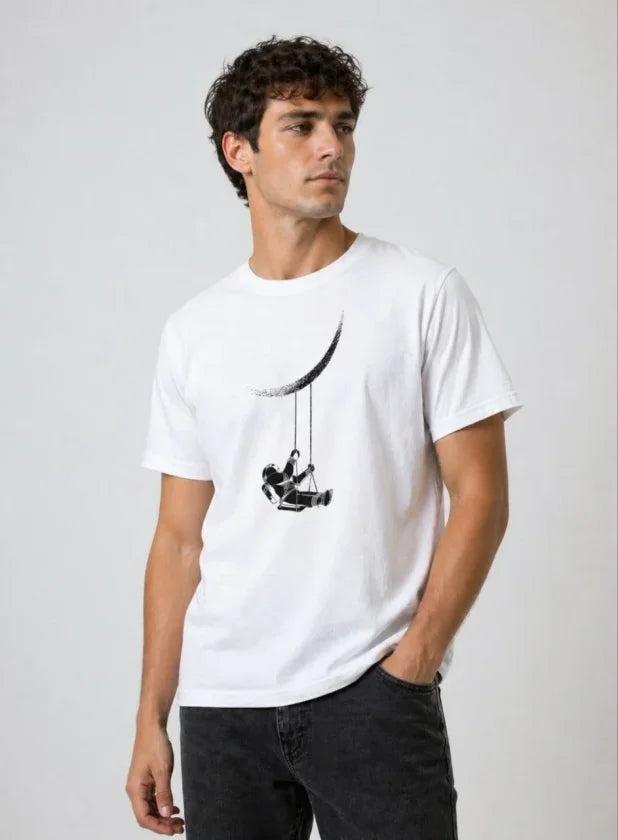 Erkek Astronot Ay Temalı Tişört Kısa Kol Yazlık Bisiklet Yaka T-Shirt - Beyaz (188621)