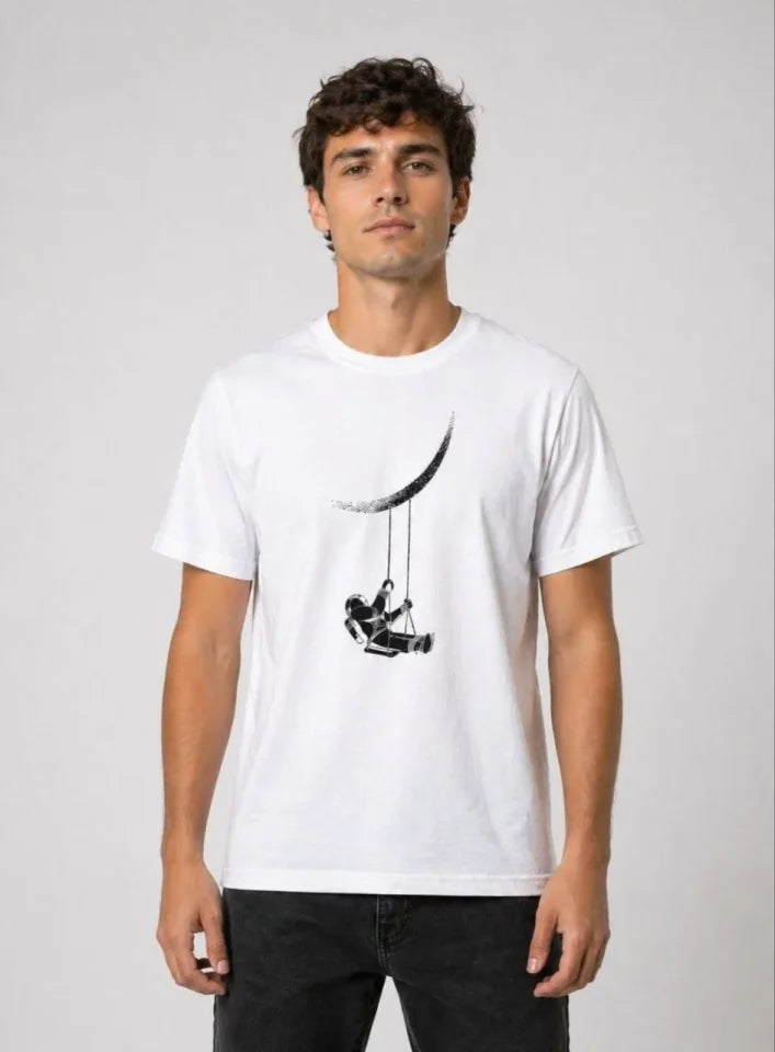 Erkek Astronot Ay Temalı Tişört Kısa Kol Yazlık Bisiklet Yaka T-Shirt - Beyaz (188621)