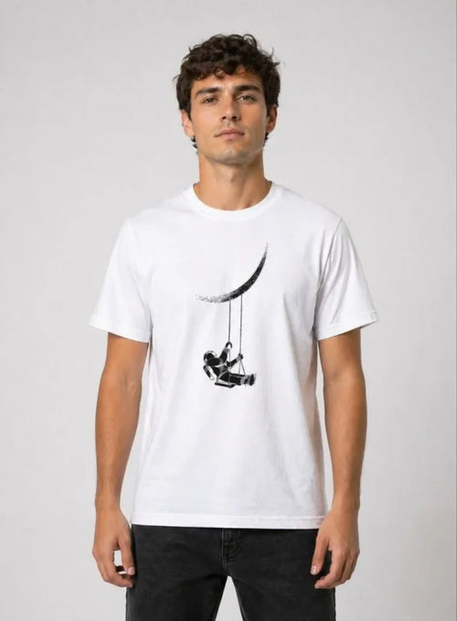 Erkek Astronot Ay Temalı Tişört Kısa Kol Yazlık Bisiklet Yaka T-Shirt - Beyaz (188621)