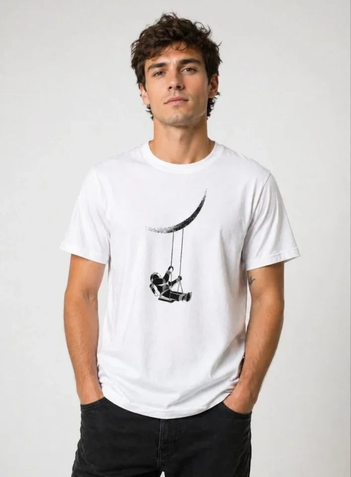 Erkek Astronot Ay Temalı Tişört Kısa Kol Yazlık Bisiklet Yaka T-Shirt - Beyaz (188621)