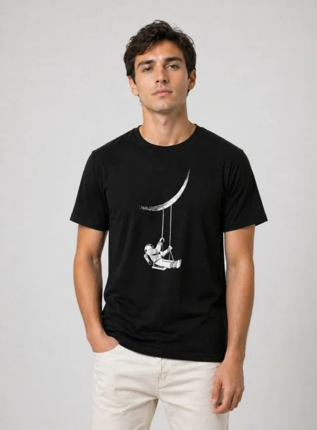 Erkek Astronot Ay Temalı Tişört Kısa Kol Yazlık Bisiklet Yaka T-Shirt - Siyah (188622)
