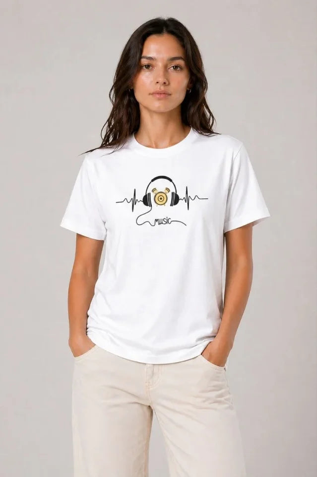 Müzik Temalı Baskılı Tişört Bisiklet Yaka Kısa Kol T-Shirt - Beyaz (188676)
