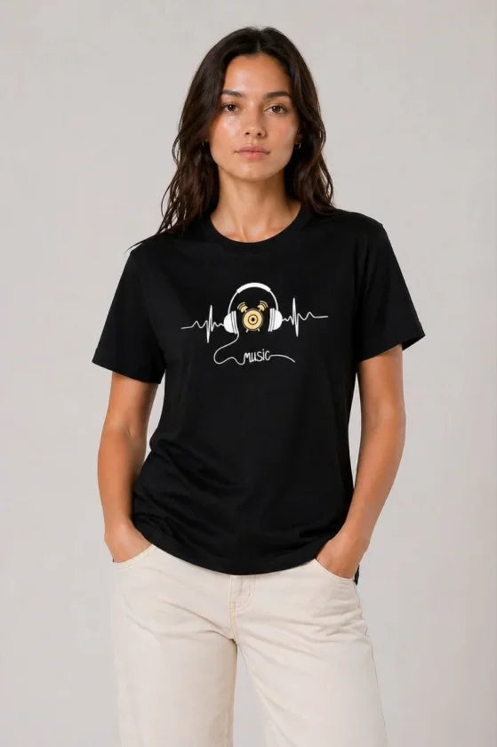 Müzik Temalı Baskılı Tişört Bisiklet Yaka Kısa Kol T-Shirt - Siyah (188677)