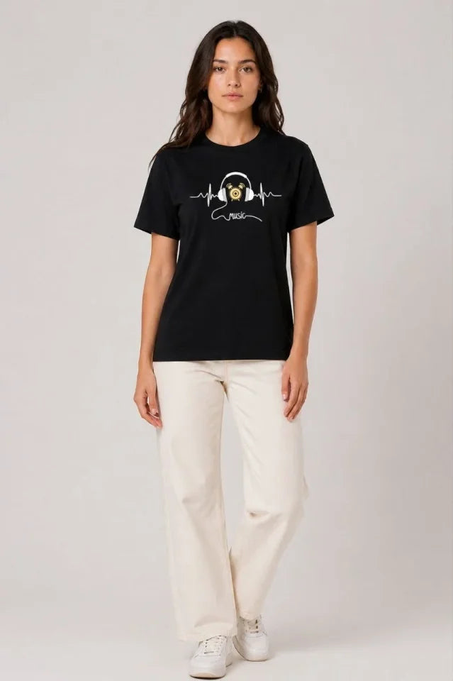 Müzik Temalı Baskılı Tişört Bisiklet Yaka Kısa Kol T-Shirt - Siyah (188677)