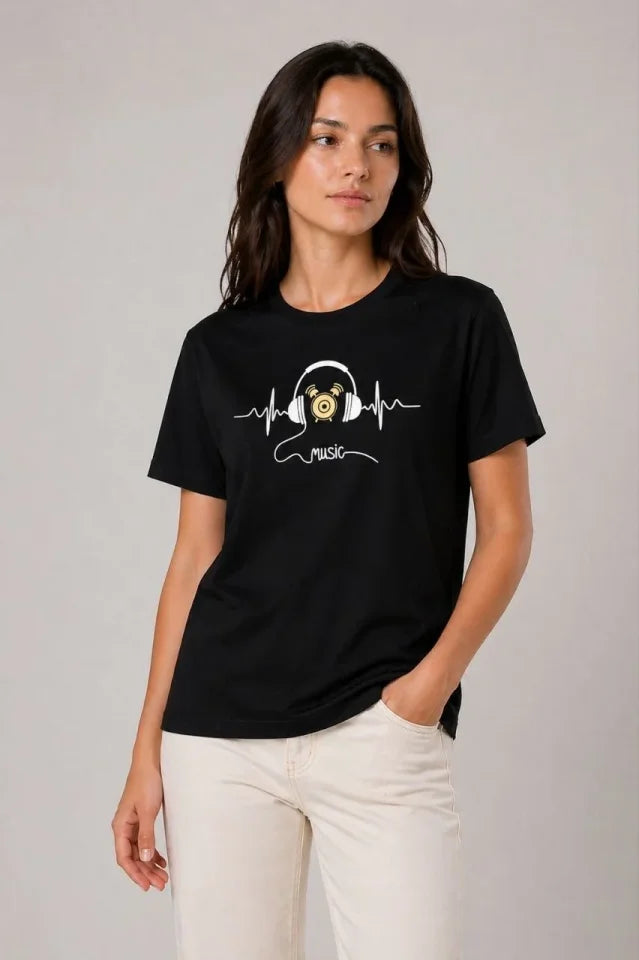 Müzik Temalı Baskılı Tişört Bisiklet Yaka Kısa Kol T-Shirt - Siyah (188677)