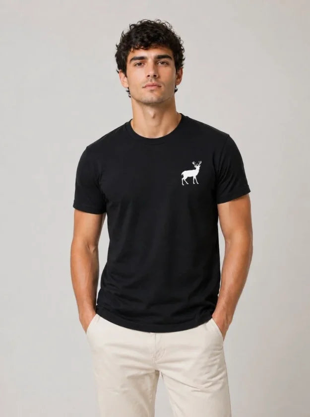 Erkek Minimal Geyik Logolu Tişört Bisiklet Yaka Kısa Kol Yazlık T-Shirt - Siyah (188680)