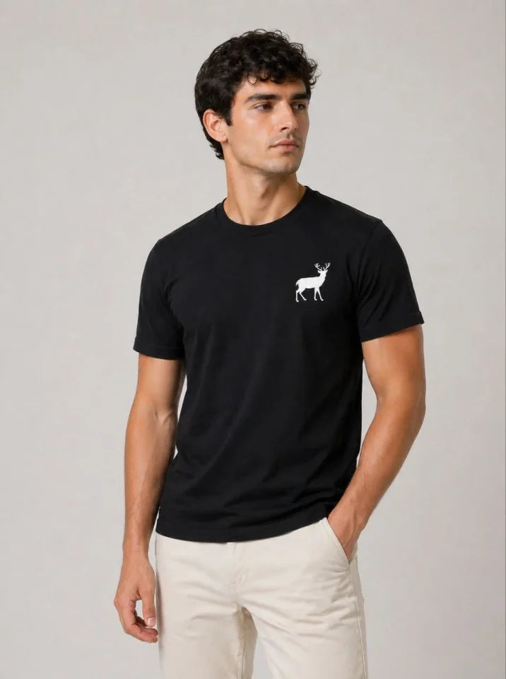 Erkek Minimal Geyik Logolu Tişört Bisiklet Yaka Kısa Kol Yazlık T-Shirt - Siyah (188680)