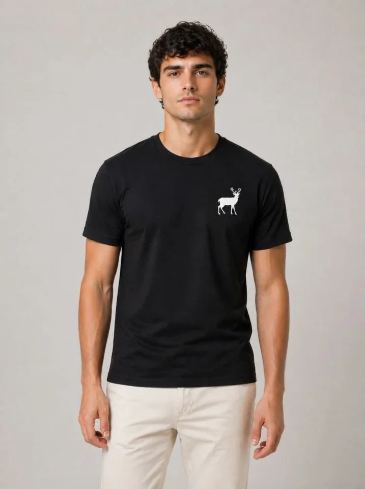 Erkek Minimal Geyik Logolu Tişört Bisiklet Yaka Kısa Kol Yazlık T-Shirt - Siyah (188680)